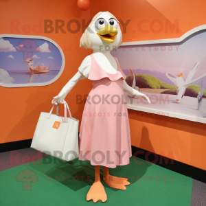 Peach Gull mascot costume character dressed with a Shift Dress and Tote bags