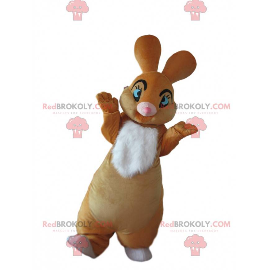 Mascotte de lapin marron et blanc avec de jolis yeux bleus -