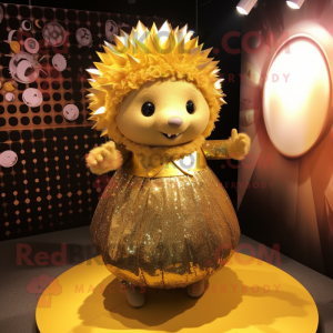 Gold Hedgehog mascot costume character dressed with a Skirt and Earrings