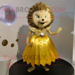 Gold Hedgehog mascot costume character dressed with a Skirt and Earrings