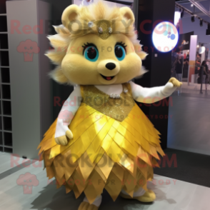 Gold Hedgehog mascot costume character dressed with a Skirt and Earrings