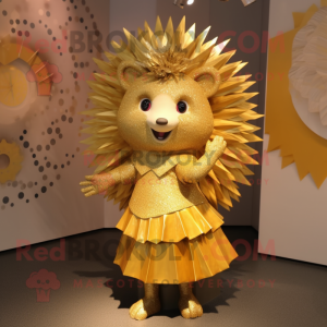 Gold Hedgehog mascot costume character dressed with a Skirt and Earrings