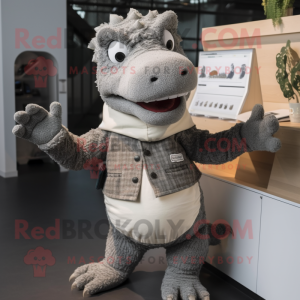 Gray Crocodile mascot costume character dressed with a Cardigan and Mittens