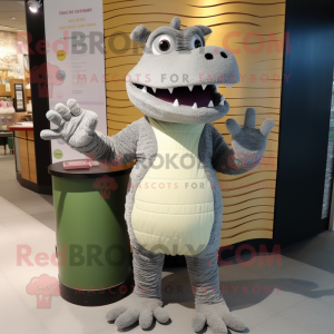 Gray Crocodile mascot costume character dressed with a Cardigan and Mittens