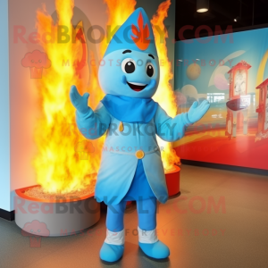 Sky Blue Fire Eater mascot costume character dressed with a Raincoat and Headbands
