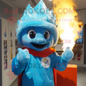 Sky Blue Fire Eater mascot costume character dressed with a Raincoat and Headbands