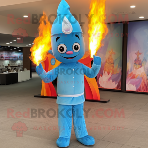 Sky Blue Fire Eater mascot costume character dressed with a Raincoat and Headbands