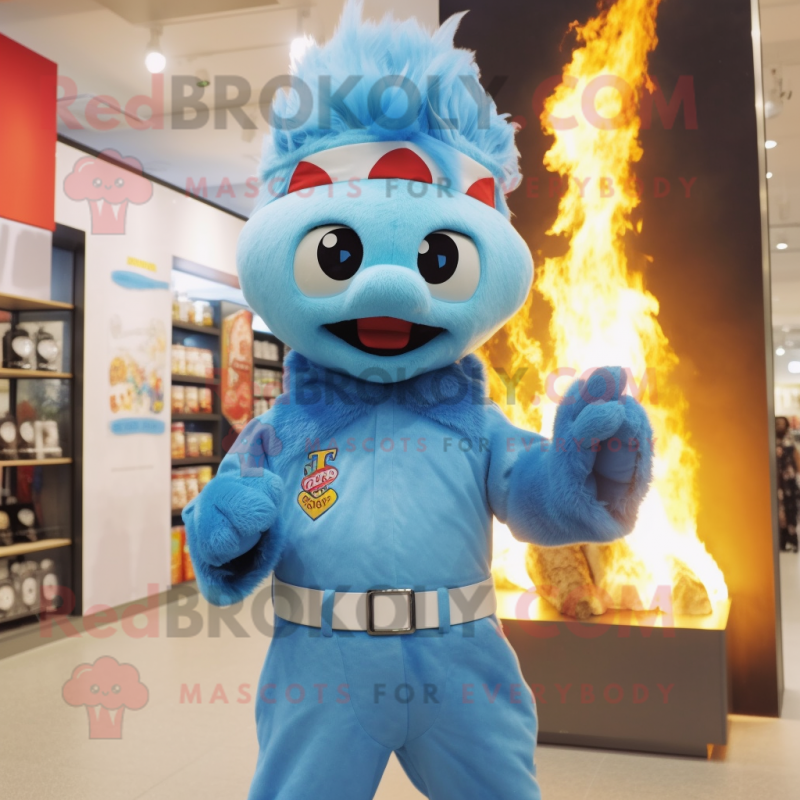 Sky Blue Fire Eater mascot costume character dressed with a Raincoat and Headbands