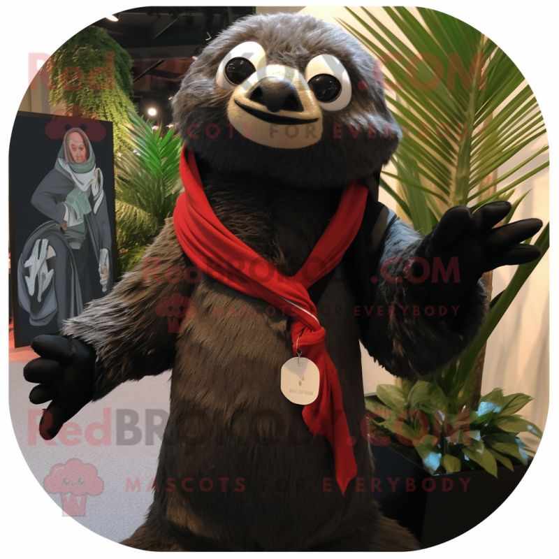 Black Sloth mascot costume character dressed with a Button-Up Shirt and Scarves