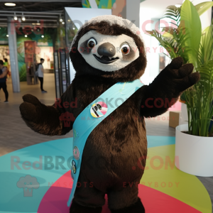 Black Sloth mascot costume character dressed with a Button-Up Shirt and Scarves