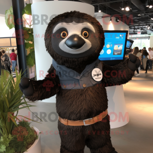 Black Sloth mascot costume character dressed with a Button-Up Shirt and Scarves