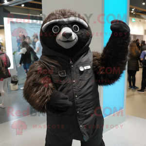 Black Sloth mascot costume character dressed with a Button-Up Shirt and Scarves