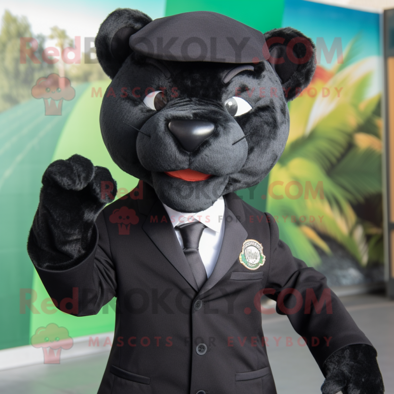 Black Jaguar mascot costume character dressed with a Suit and Berets Black Jaguar mascot costume character dressed with a Suit and Berets