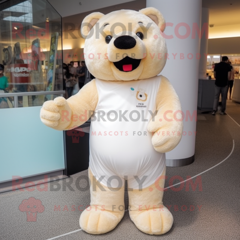 Cream Teddy Bear mascot costume character dressed with a Bikini and Shoe laces Cream Teddy Bear mascot costume character dressed with a Bikini and Shoe laces