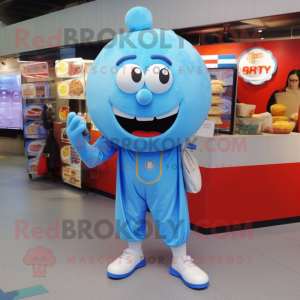 Sky Blue Burgers mascot costume character dressed with a Jumpsuit and Coin purses