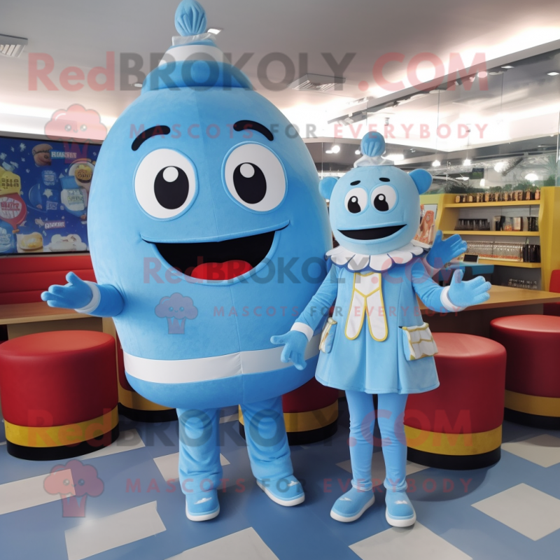 Sky Blue Burgers mascot costume character dressed with a Jumpsuit and Coin purses