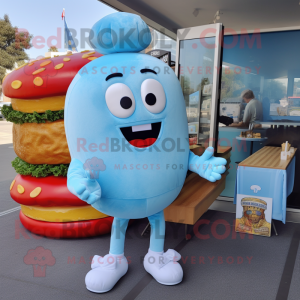 Sky Blue Burgers mascot costume character dressed with a Jumpsuit and Coin purses