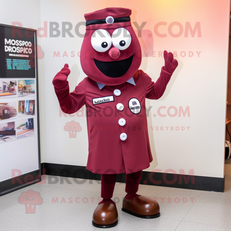 Maroon Doctor mascot costume character dressed with a Culottes and Lapel pins Maroon Doctor mascot costume character dressed with a Culottes and Lapel pins