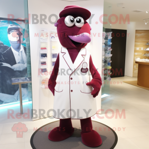 Maroon Doctor mascot costume character dressed with a Culottes and Lapel pins