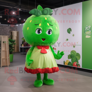 Green Strawberry mascot costume character dressed with a Mini Dress and Headbands