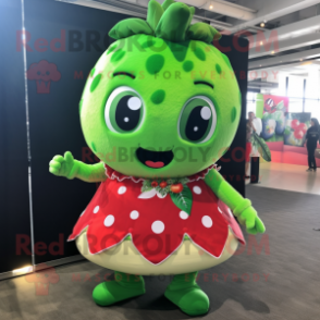 Green Strawberry mascot costume character dressed with a Mini Dress and Headbands