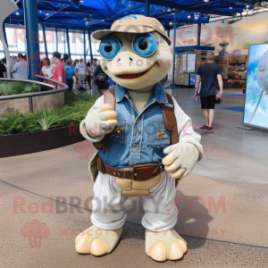 Cream Sea Turtle mascot costume character dressed with a Denim Shorts and Bracelets