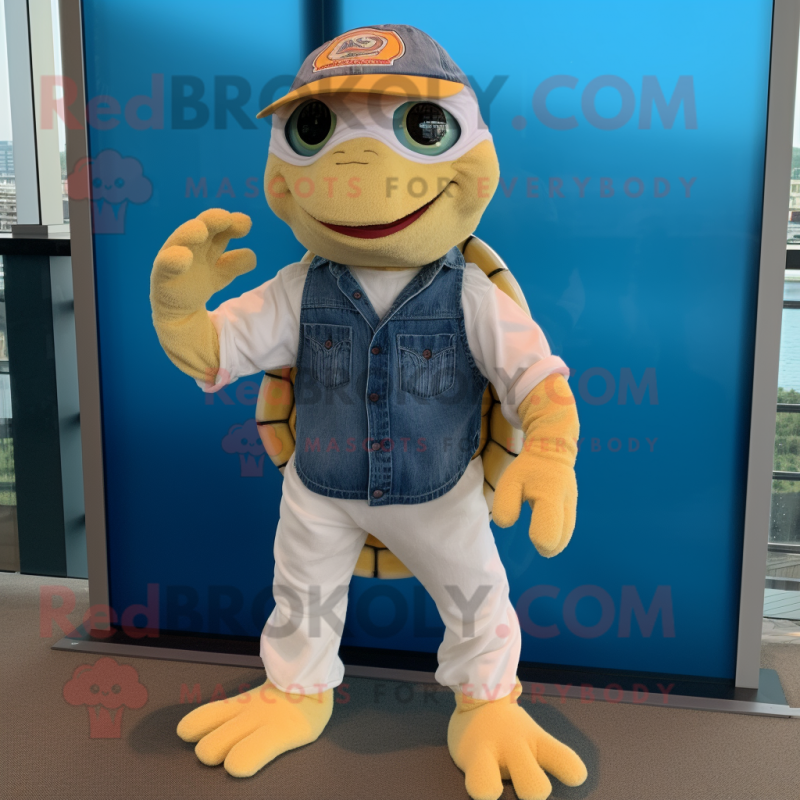 Cream Sea Turtle mascot costume character dressed with a Denim Shorts and Bracelets Cream Sea Turtle mascot costume character dressed with a Denim Shorts and Bracelets