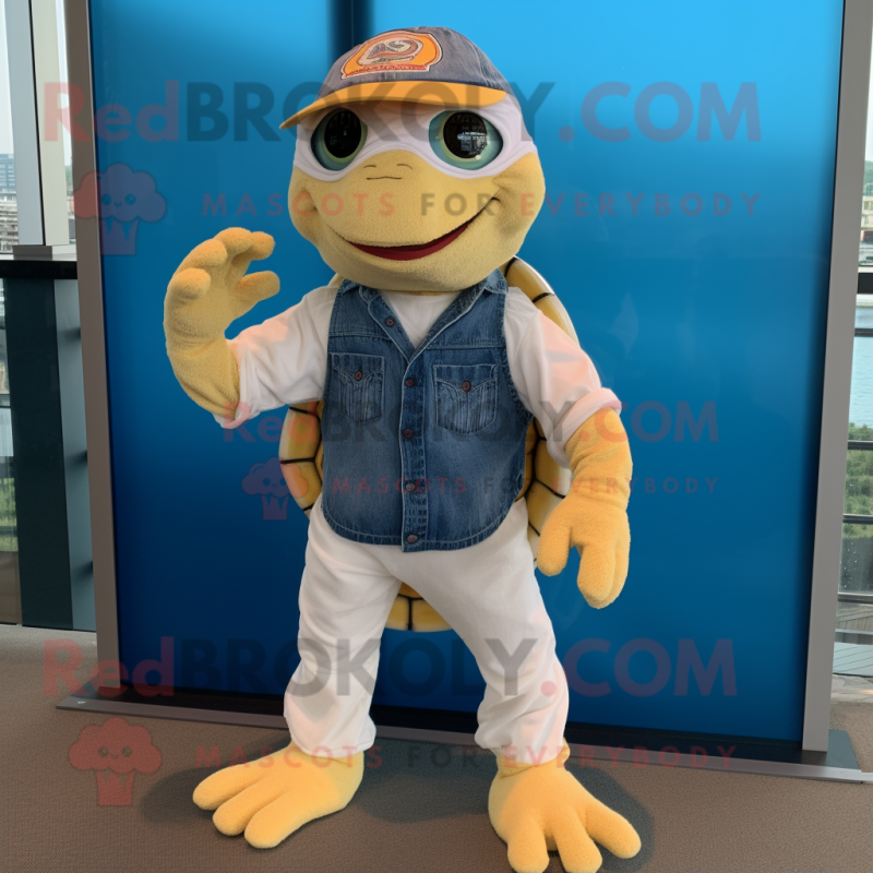 Cream Sea Turtle mascot costume character dressed with a Denim Shorts and Bracelets