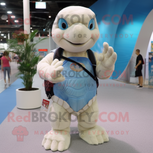 Cream Sea Turtle mascot costume character dressed with a Denim Shorts and Bracelets