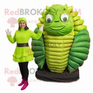 Lime Green Trilobite mascot costume character dressed with a Skirt and Mittens