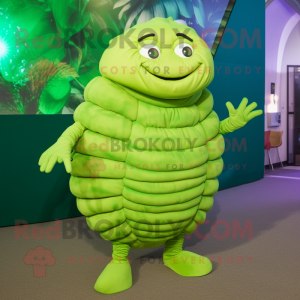 Lime Green Trilobite mascot costume character dressed with a Skirt and Mittens