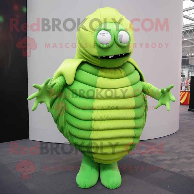 Lime Green Trilobite mascot costume character dressed with a Skirt and Mittens