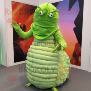 Lime Green Trilobite mascot costume character dressed with a Skirt and Mittens