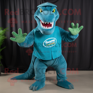 Teal T Rex mascot costume character dressed with a Chambray Shirt and Gloves