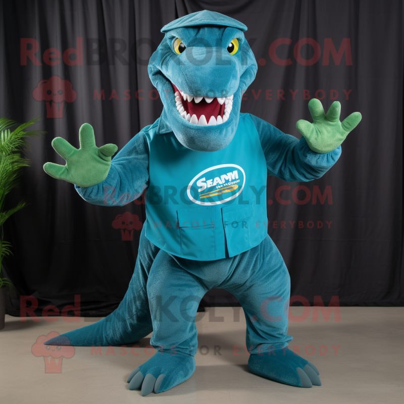 Teal T Rex mascot costume character dressed with a Chambray Shirt and Gloves Teal T Rex mascot costume character dressed with a Chambray Shirt and Gloves