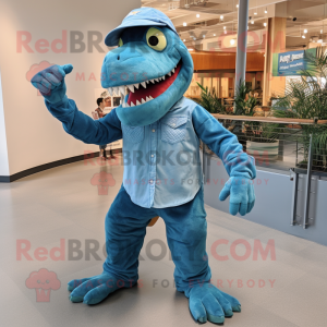 Teal T Rex mascot costume character dressed with a Chambray Shirt and Gloves