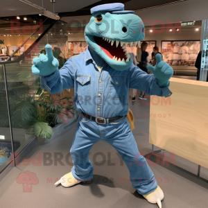 Teal T Rex mascot costume character dressed with a Chambray Shirt and Gloves