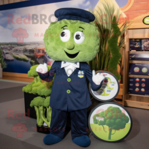 Navy Broccoli mascot costume character dressed with a Button-Up Shirt and Coin purses