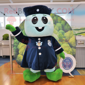 Navy Broccoli mascot costume character dressed with a Button-Up Shirt and Coin purses