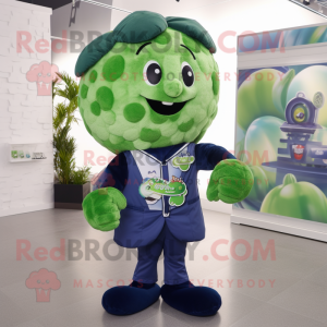 Navy Broccoli mascot costume character dressed with a Button-Up Shirt and Coin purses