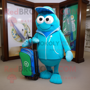 Turquoise Golf Bag mascot costume character dressed with a Coat and Messenger bags