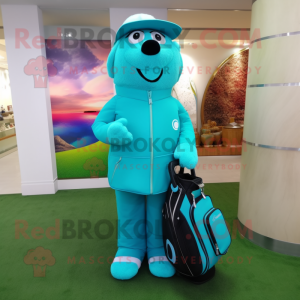 Turquoise Golf Bag mascot costume character dressed with a Coat and Messenger bags