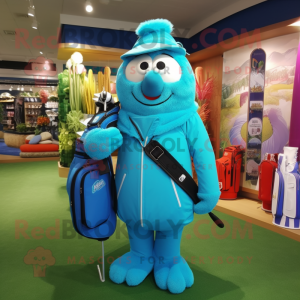 Turquoise Golf Bag mascot costume character dressed with a Coat and Messenger bags