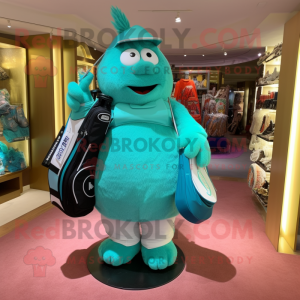 Turquoise Golf Bag mascot costume character dressed with a Coat and Messenger bags