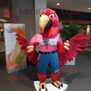 Pink Macaw mascot costume character dressed with a Rash Guard and Earrings