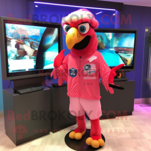 Pink Macaw mascot costume character dressed with a Rash Guard and Earrings