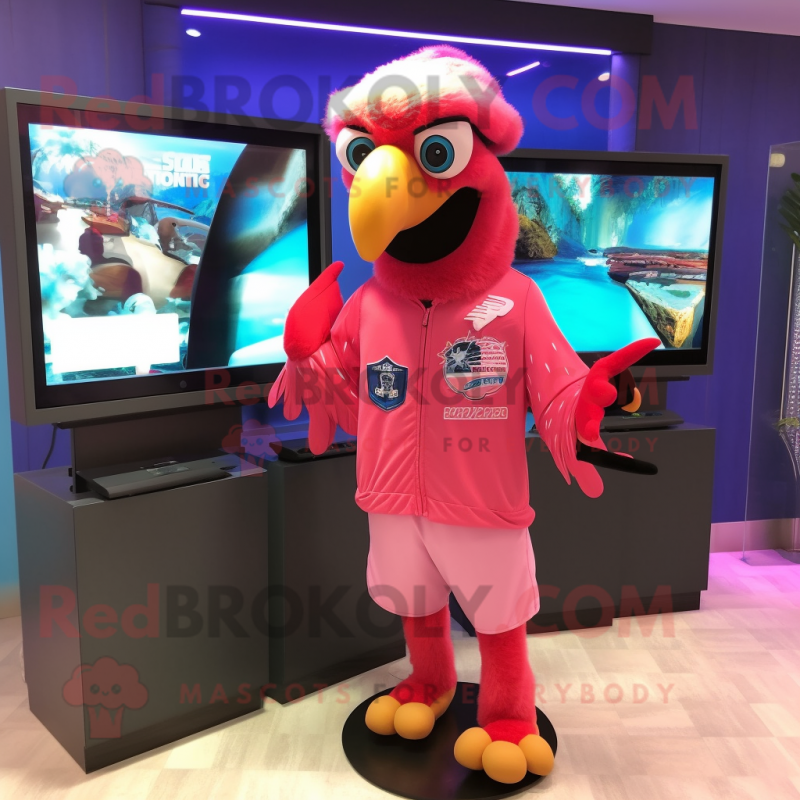 Pink Macaw mascot costume character dressed with a Rash Guard and Earrings