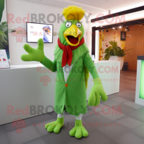 Lime Green Rooster mascot costume character dressed with a Trousers and Scarves