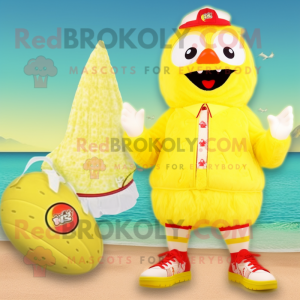 Lemon Yellow Fried Chicken mascot costume character dressed with a Swimwear and Foot pads