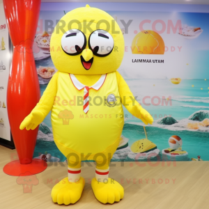 Lemon Yellow Fried Chicken mascot costume character dressed with a Swimwear and Foot pads